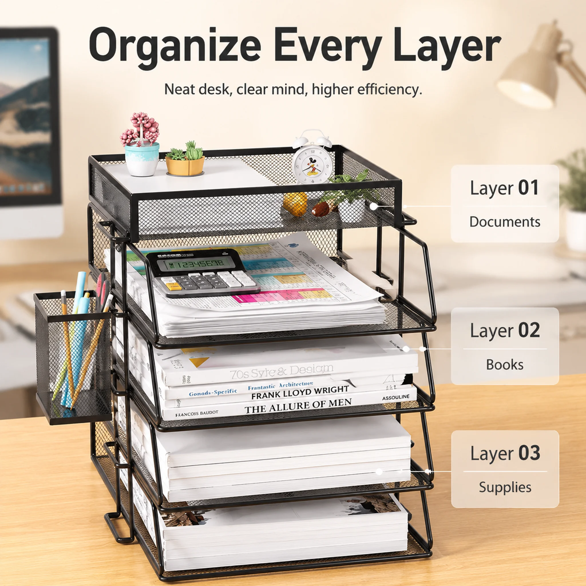 Modern Desk Organizer Multi-Layer File Rack with Side Pencil Holder Open Storage Shelf for Office Home Study Room
