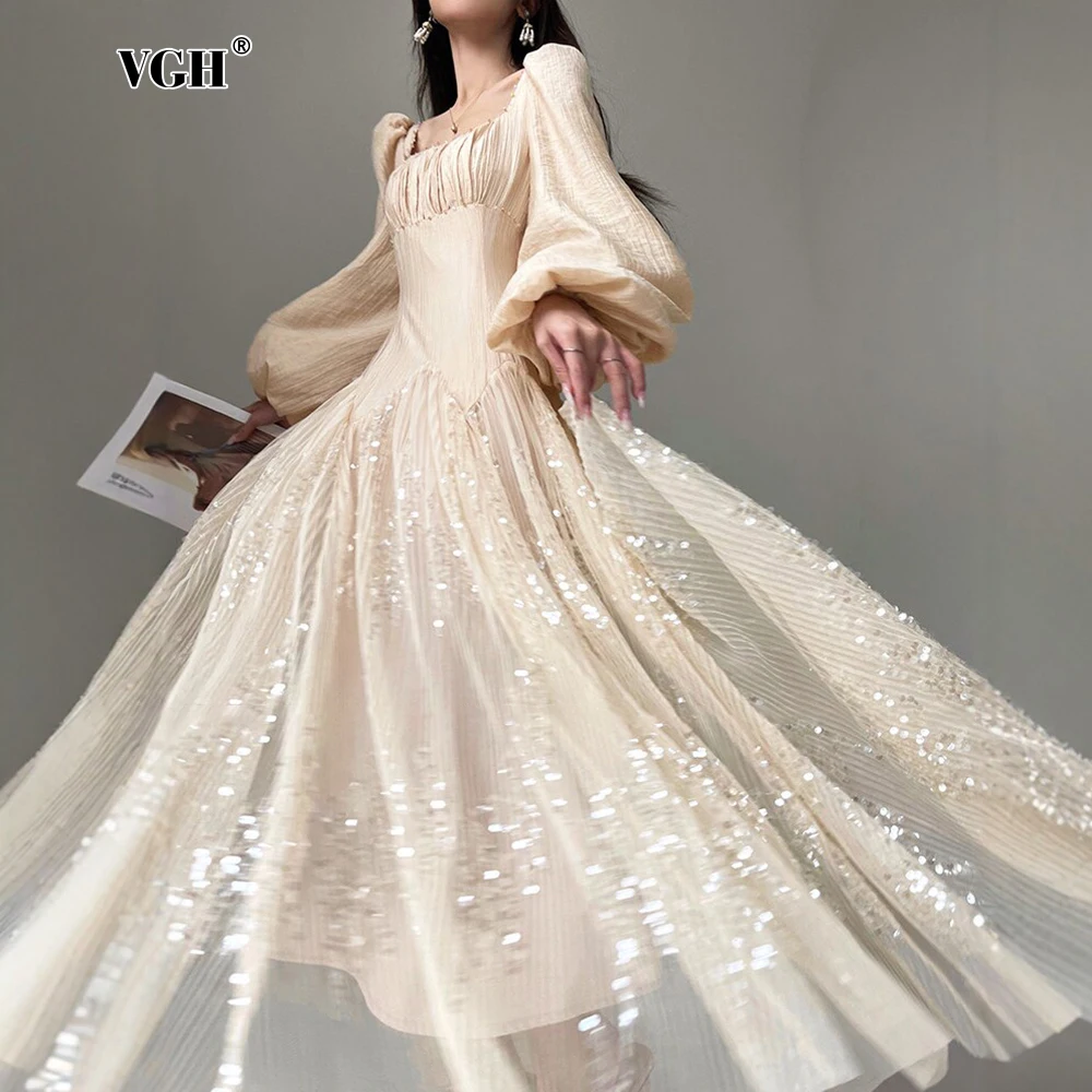 

Платье макси VGH для женщин: абрикосовое, с пышными рукавами, квадратным вырезом, пайетками и расклешенной юбкой – идеально для роскошных ужинов и вечеринок