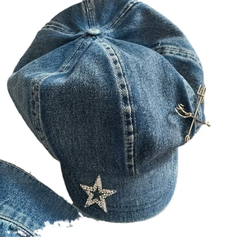 Spring and Summer Y2K Big Head Flash Diamond Star Pin Denim Beret Hat Women\'s Niche Trend Retro Octagonal Short Brim Newsboy Cap