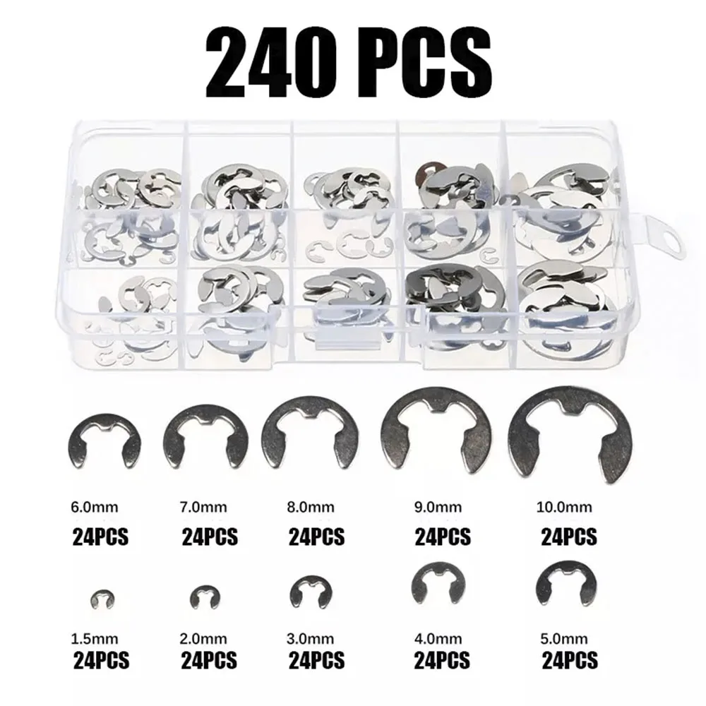 

240pcs E-Clip External Retaining Rings Snap Ring Assortment Set 304 Stainless Steel E Type Clips C-Clip 1.5/2/3/4/5/6/7/8/9/10mm