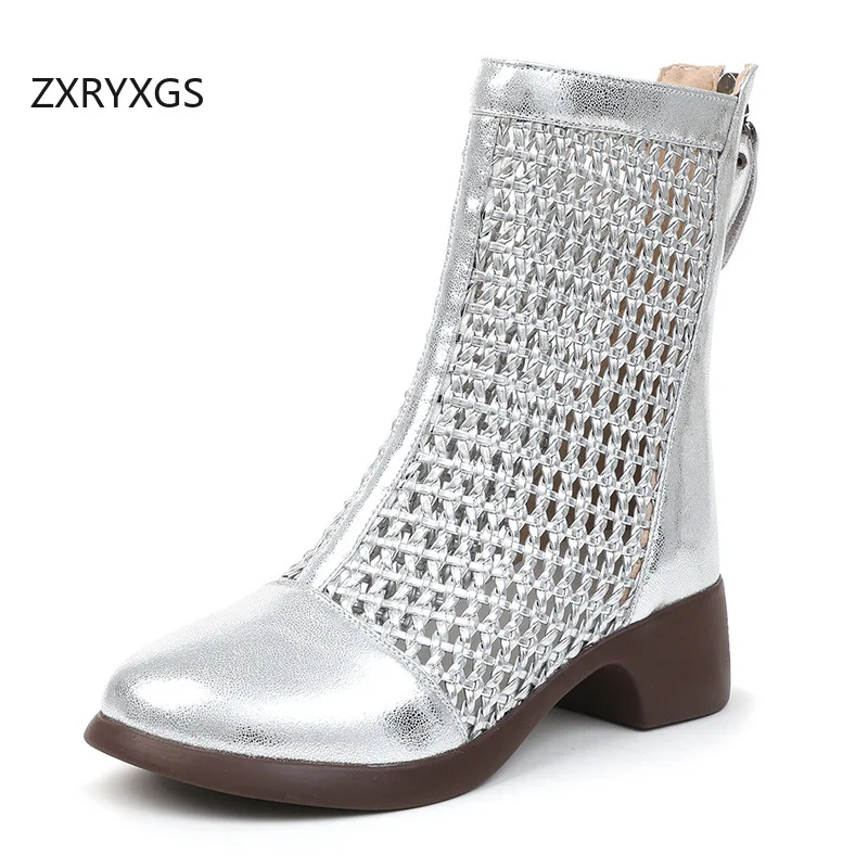 ZXRYXGS 2026 Top Cowhide Woven Hollow Cool Boots Breathable Sandals Large Size in-tube Spring Summer Boots Women Fashion Boots