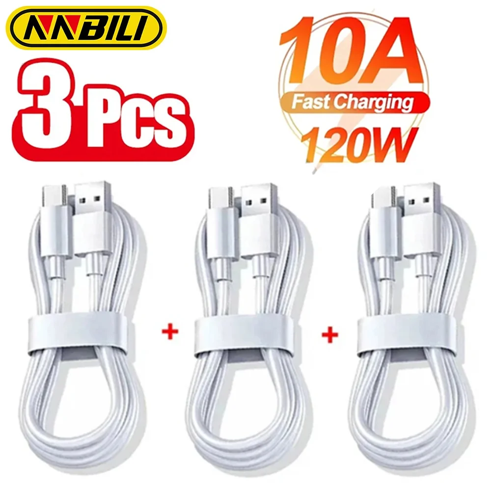 NNBILI kabel pengisian daya ultra cepat, ponsel tipe C, kabel data USB C, 10A, 120W, cocok untuk Xiaomi, Samsung, Huawei, 3 buah