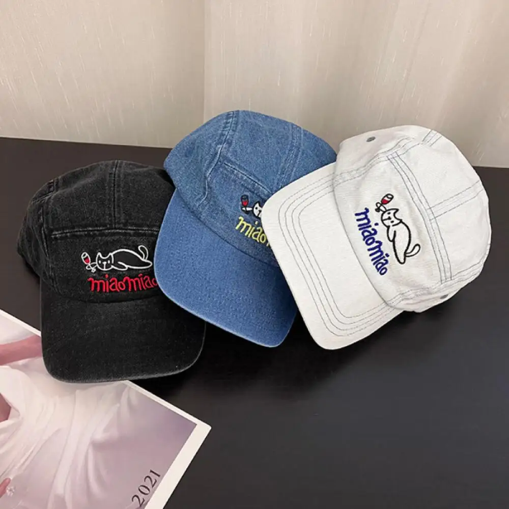 Vintage Denim 5 Panel Baseball Cap, Cute Kitten Letter Embroidered Plain Hat for Men Women Running Camping Streetwear Headwear