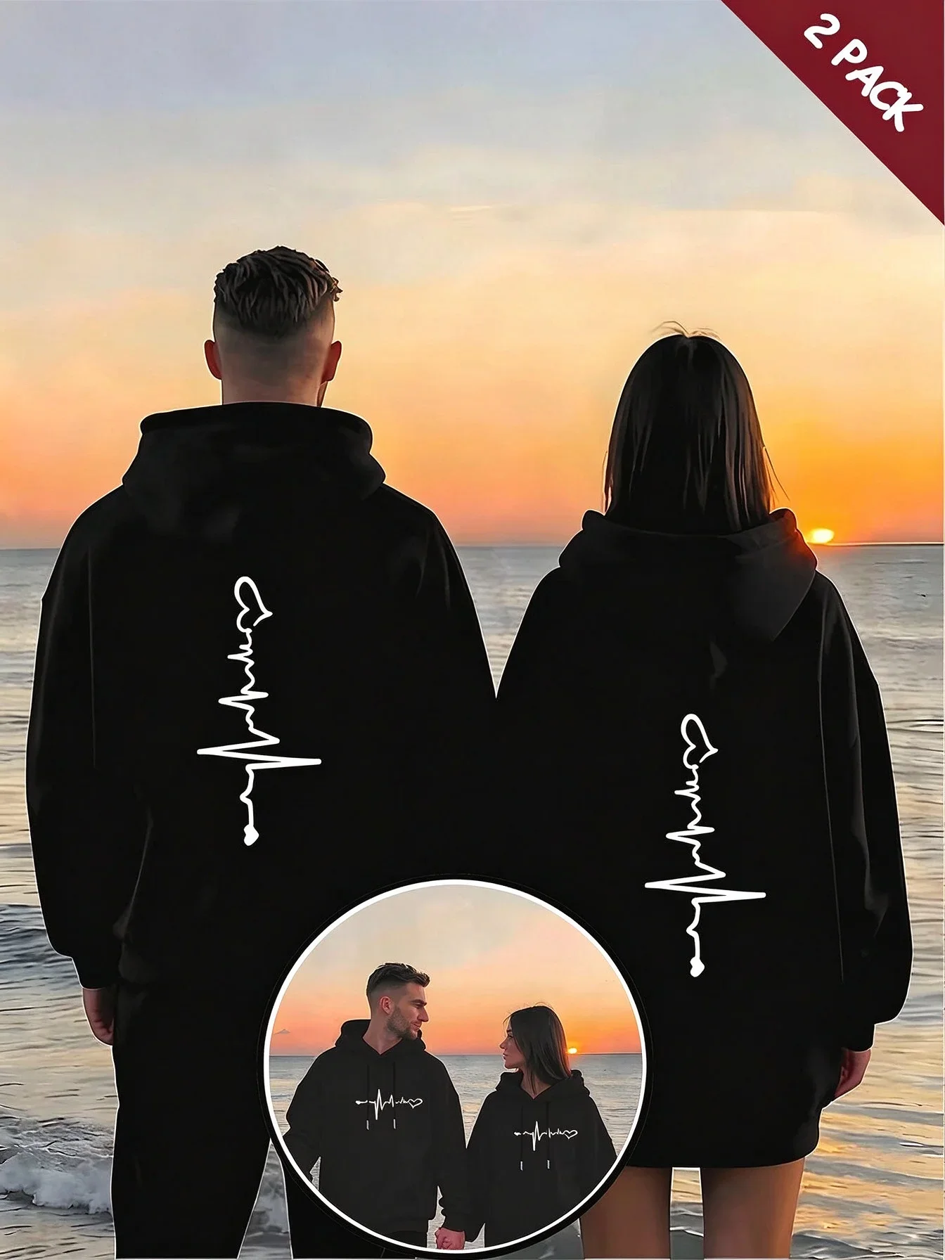 2‑Pcs Couple Hooded Sweatshirt Heart  Pattern Print Sweet Exclusive Style Skin‑Friendly Fabric Front Pocket Casual Couple Hoodie