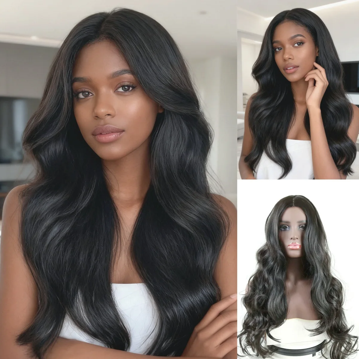 Black parted long wavy curly hair synthetic wig, Halloween cosplay character costume wig, daily wig, hot wire wig headband