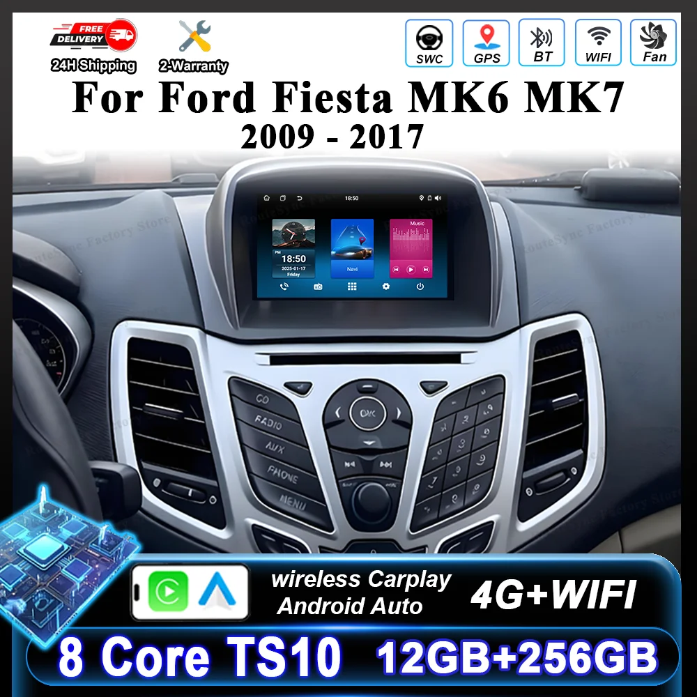 Автомобильный DVD-плеер Android 16 для Ford Fiesta MK6 MK7 2009 2010 2012 2014 2015 2016 2017 с GPS-навигацией, CarPlay, Bluetooth и сенсорным экраном
