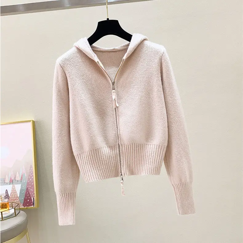 Autumn and winter new retro double zipper hooded sweater cardigan high waisted elastic flared pants two-piece set for women