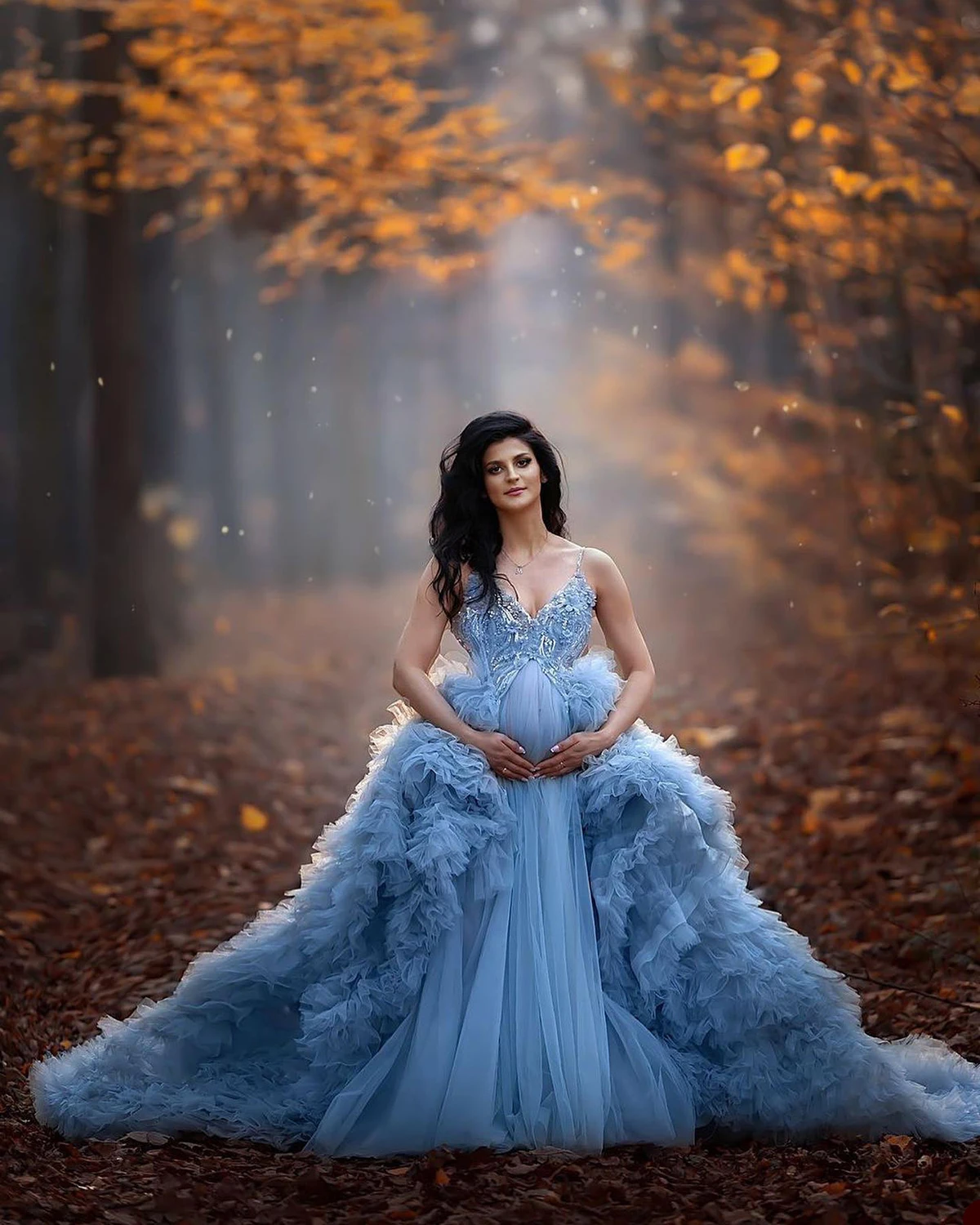 Sky Blue Ruffle Evening Dresses Women's Sheer Sexy Spaghetti Straps Pregnancy Bathgown Maternity Tulle Robe for Photo Shoot