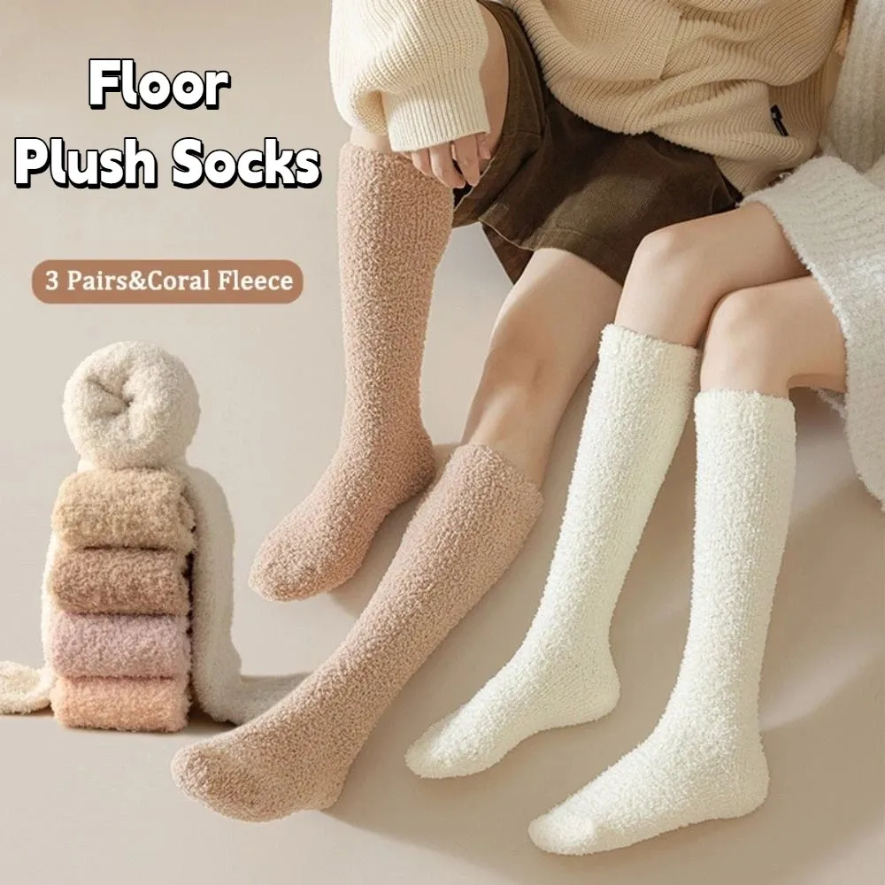

3Pairs Cute Simple Coral Fleece Socks Winter Comfortable Knee High Stockings Hosiery Sleeping Winter Thicken Stockings Winter
