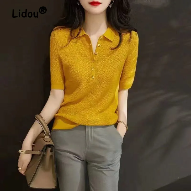 Fashion Solid Color Office Blouse Women New Classic Short Sleeve Button Ornament Polo Collar Lady All-match Pullover Shirt 2023