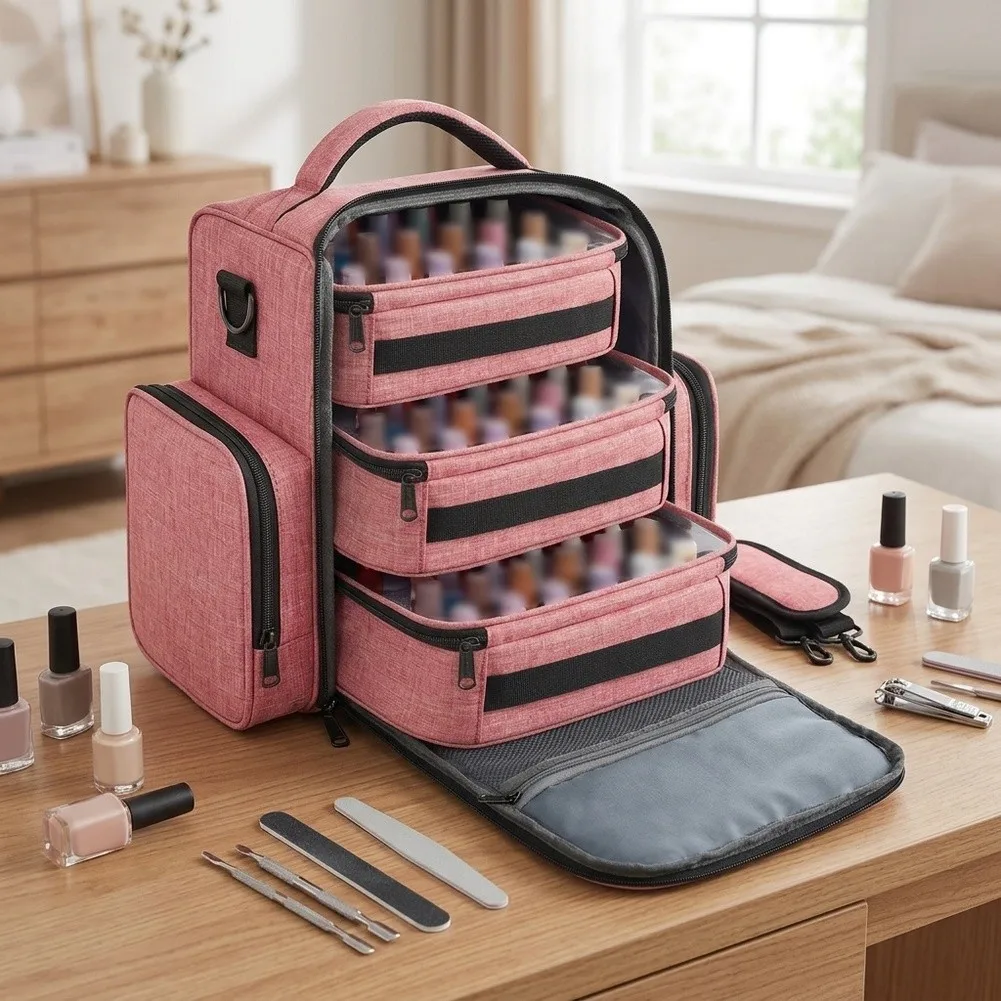 Nylon Nail Polish Organizer with Side Pockets for Cotton Swabs Plus Front and Back Zipper Compartments  Nylon