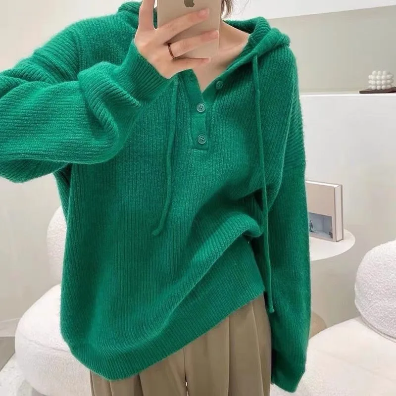 Women Autumn Korean Office Lady Loose Solid Color Long Sleeve Knitting Hoodies Women Clothes Fashion All-match Trend Knitwear