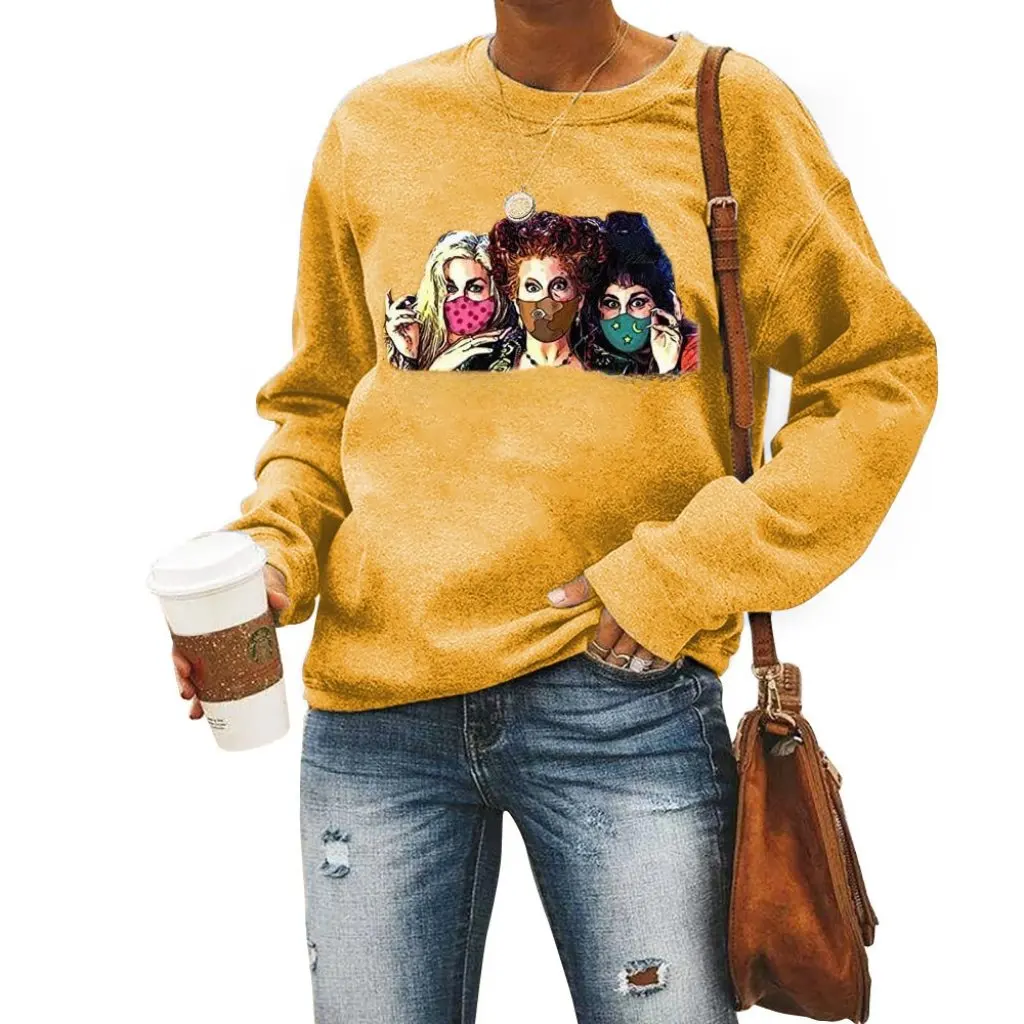 Sudadera de cuello redondo para mujer con estampado de tres brujas, diseño de hombro caído, camiseta de calle de moda