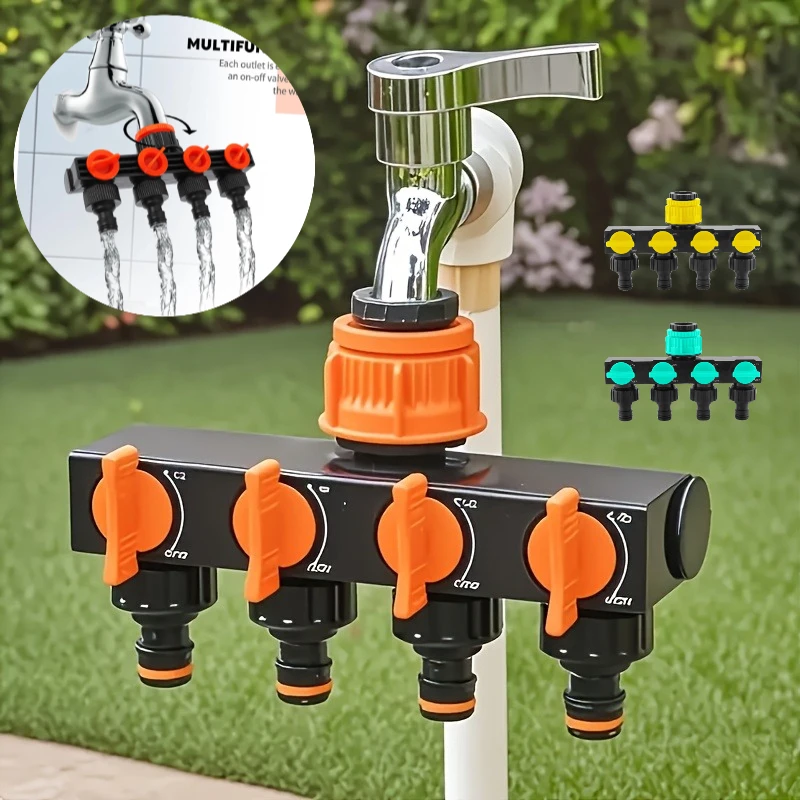 Divisor de Mangueira de Jardim com 4 Saídas, Conector de Torneira com Quatro Interruptores Independentes para Irrigação de Jardim e Gramado