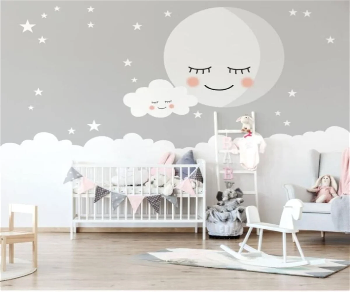 

Customized wallpaper Moon Star Cloud Cartoon children's room background wall pink princess room 3d wallpaper papel tapiz