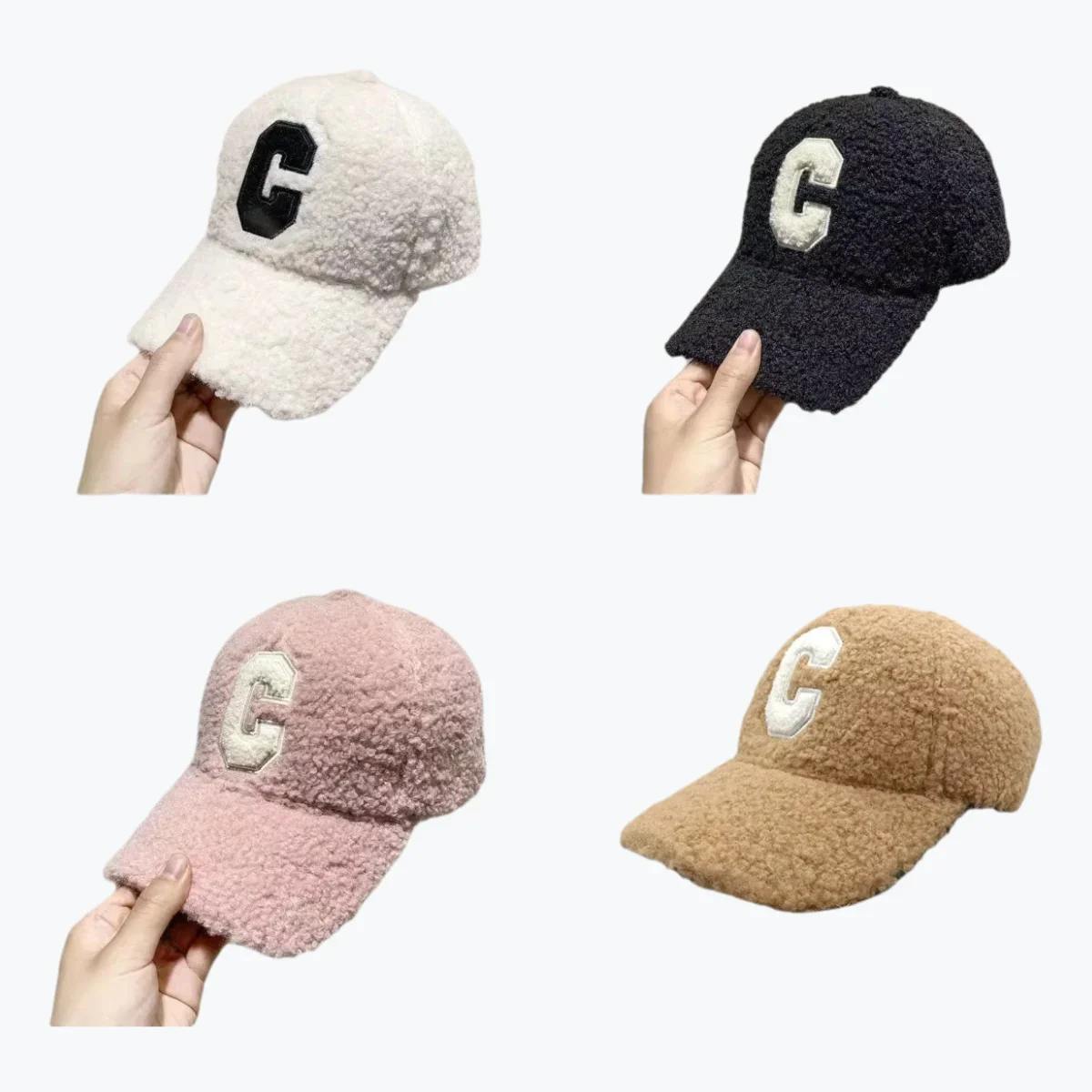 

C Letter Embroidery Baseball Cap Lamb Wool Warm and Thickened Casquette Solid Color Winter Woman Travel Outdoor Peaked Cap