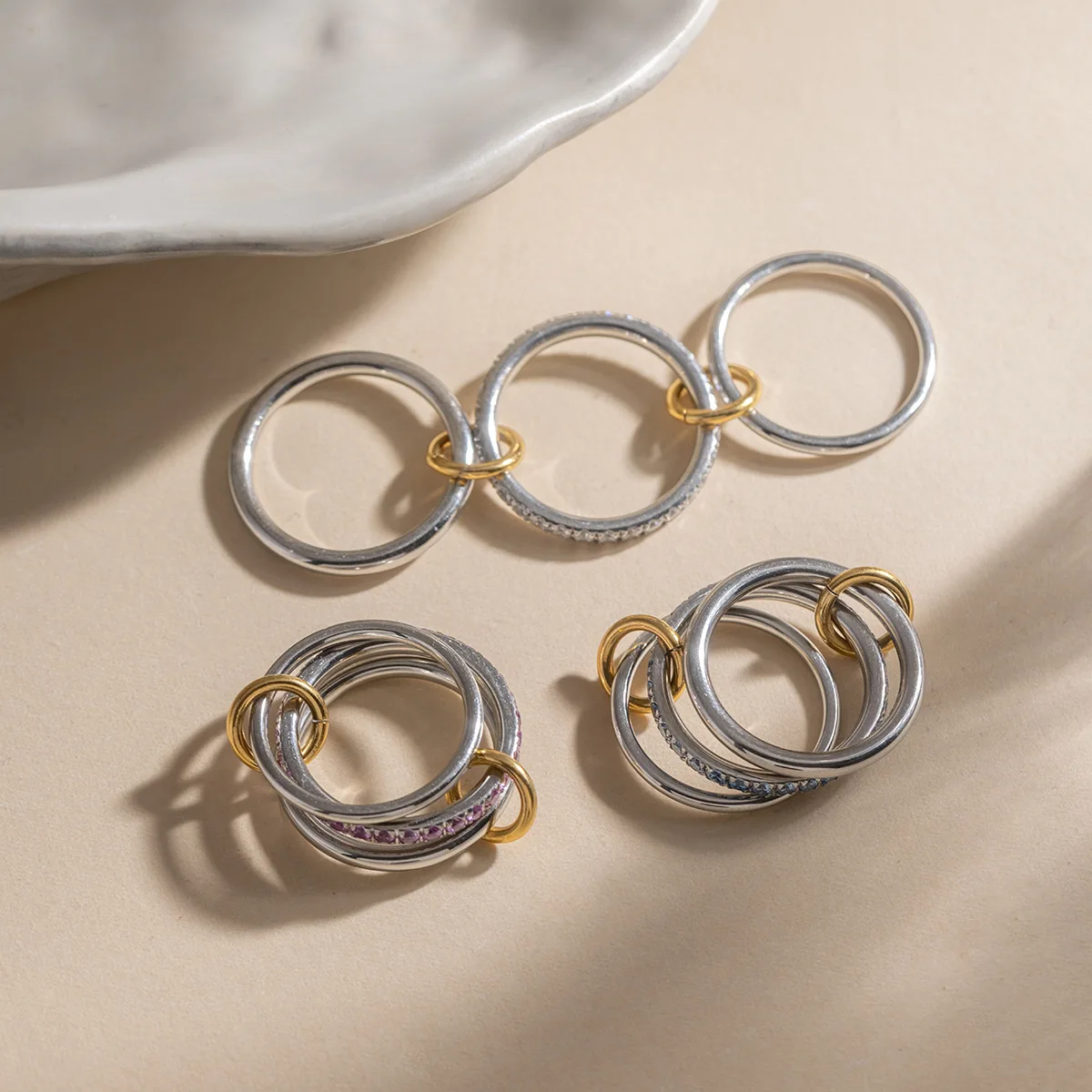 Retro Three Layer Circular Rings PVD Stainless Steel Gold&silver Mix Color Stackable Zircon Finger Ring Punk Jewelry Waterproof