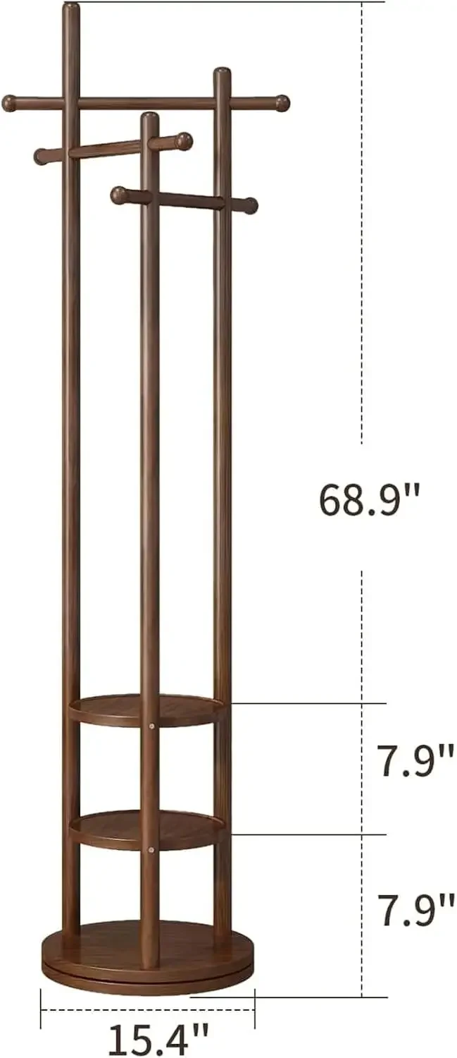 Hat Stand Storage Shelves Solid Wood Coat Rack Freestanding, 360° Rotary Coat Stand for Bags/Hats/Scarf, Hanger Stand with 3 Sto