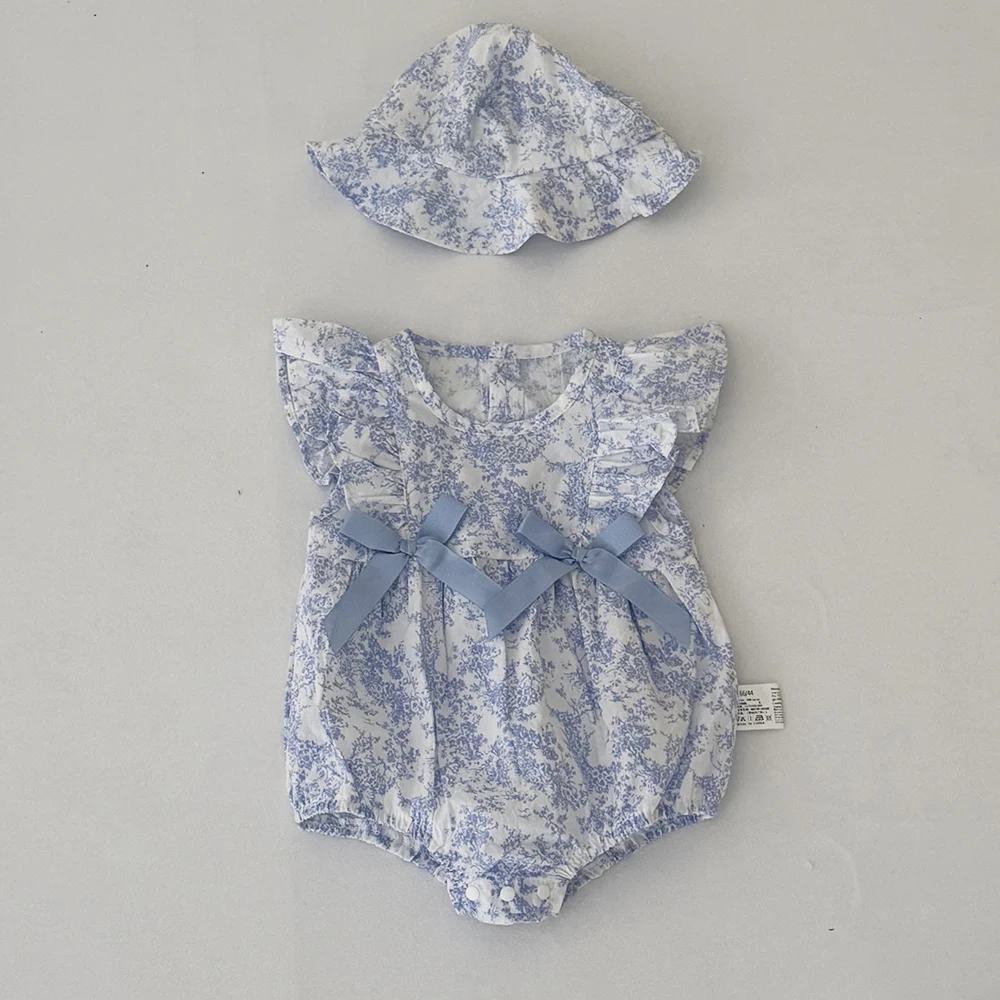 

Летний комбинезон для малышей 2026 из чистого хлопка с цветочным принтом, в стиле принцессы, без рукавов, с шапочкой