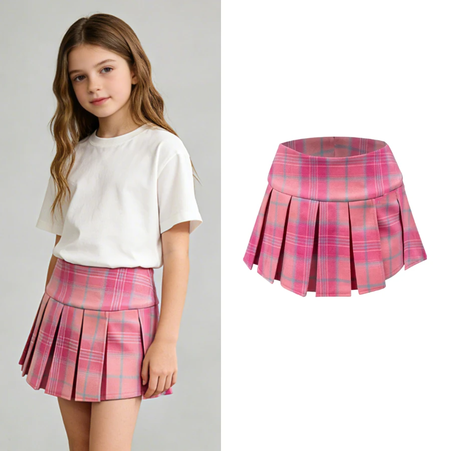 

Pink Plaid Pleated Skirt for Girls Preppy Style Kids Mini Skirt Children School Uniform A-Line Skirt Casual Daily Wear for 3-10Y