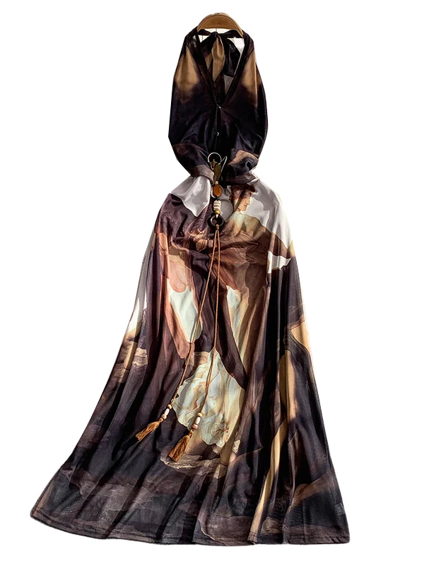 Retro Floral Print V-Ne Hanging Ne Dr Women's High Waist Belt Sexy Holiday Long Dr Korean Sle A-Line Skirt