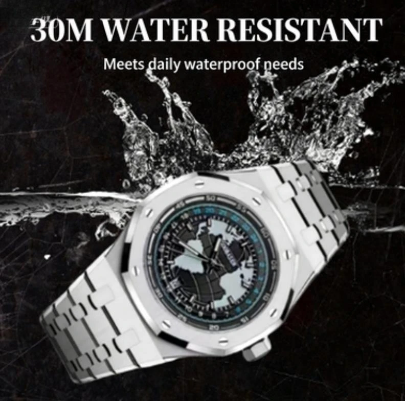 地球をイメージした自動巻きスケルトンメンズウォッチ：フル夜光文字盤、日付表示、防水、ダブルバタフライクラスプ