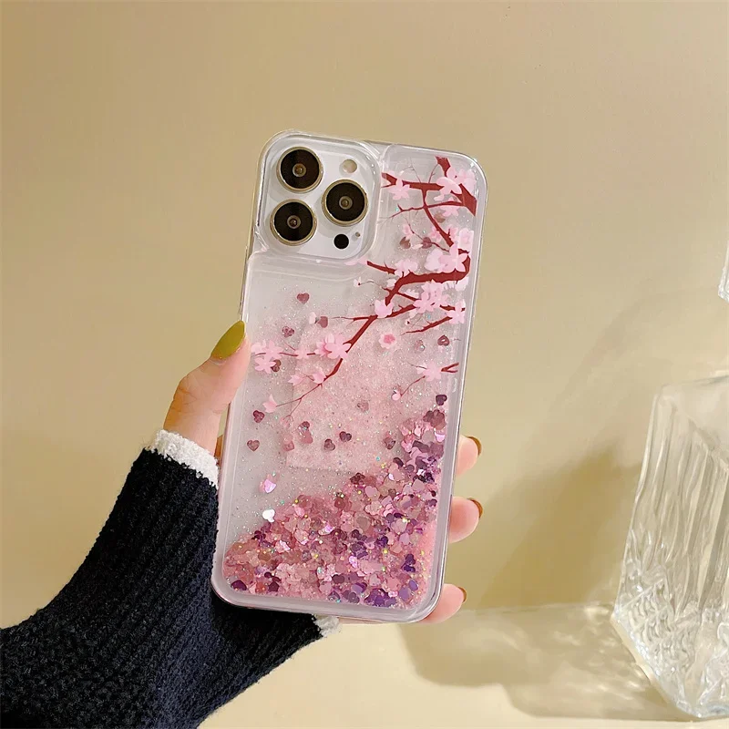 Glitter Quicksand Peach Blossom Case for iPhone 15 14 13 Pro Max Para Fundas Soft Protective Gloss Arena Phone Covers Women Capa