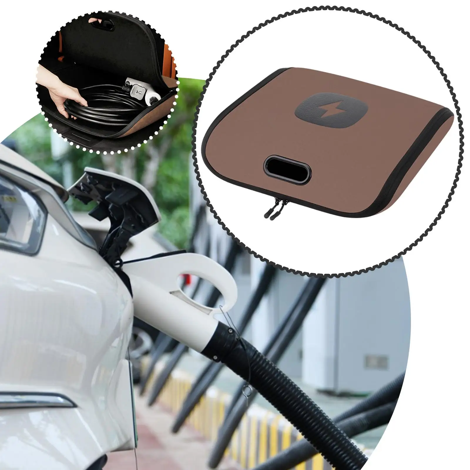 

EV Charging Tool Cable Carry Bag Jumper Cable Organizer Universal Fit Shockproof Versatile Automobile Accessory PVC Leather