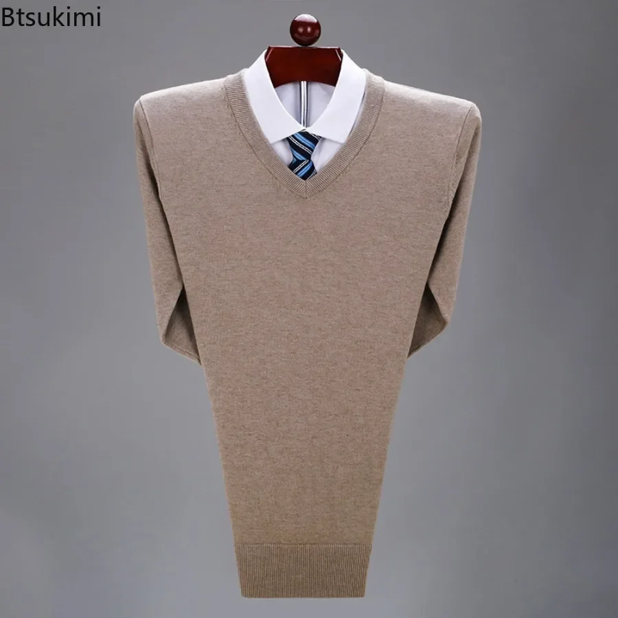 Мужской Базовый теплый вязаный свитер, Универсальный однотонный деловой Повседневный свитер для осени и зимы, 2024