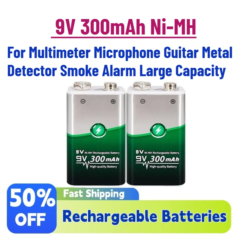 

High-Quality New 9V 300mAh Ni-MH Rechargeable Battery for Multimeter Microphone Guitar Metal Detector Smoke Alarm Large Capacity
