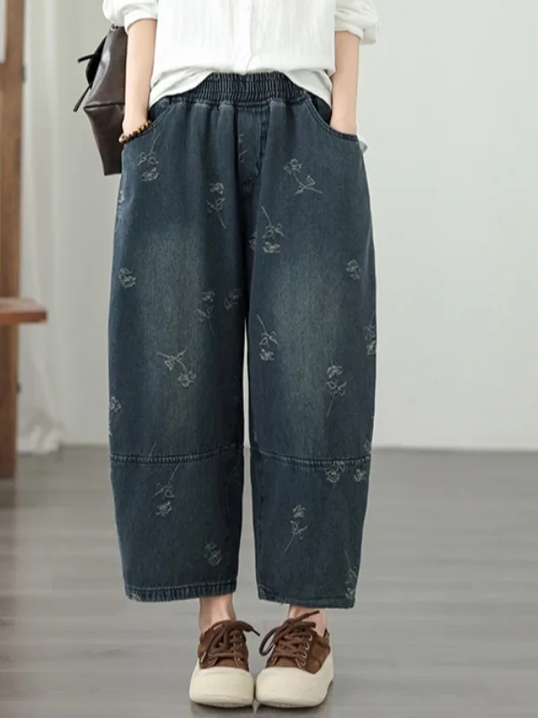 

Женские джинсы-харлан с вышивкой в виде цветов, эффектом выцветания, свободным кроем, большие размеры, хлопок/полиэстер, весна-лето