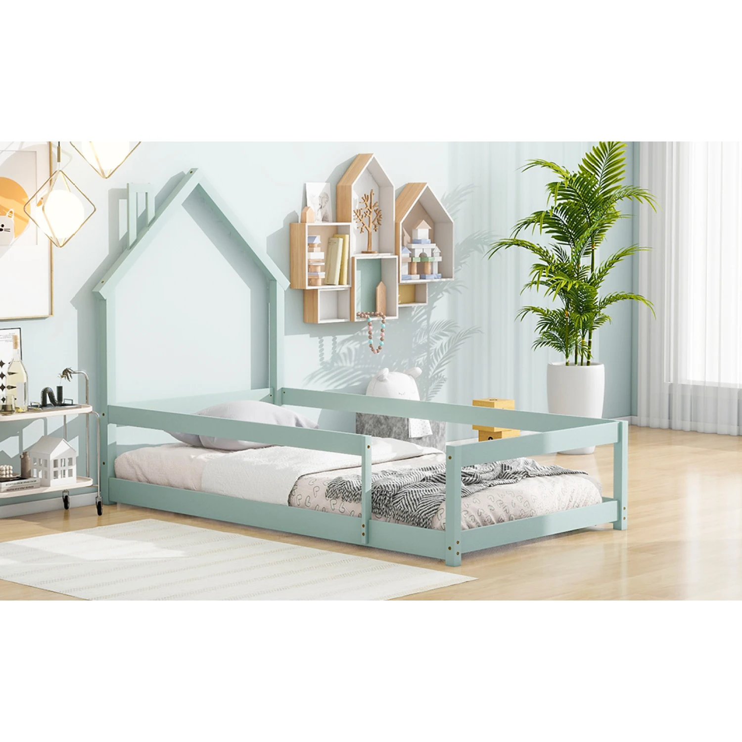 Twin Size Wood bed with House-shaped Headboard Floor bed with Fences,Light Green