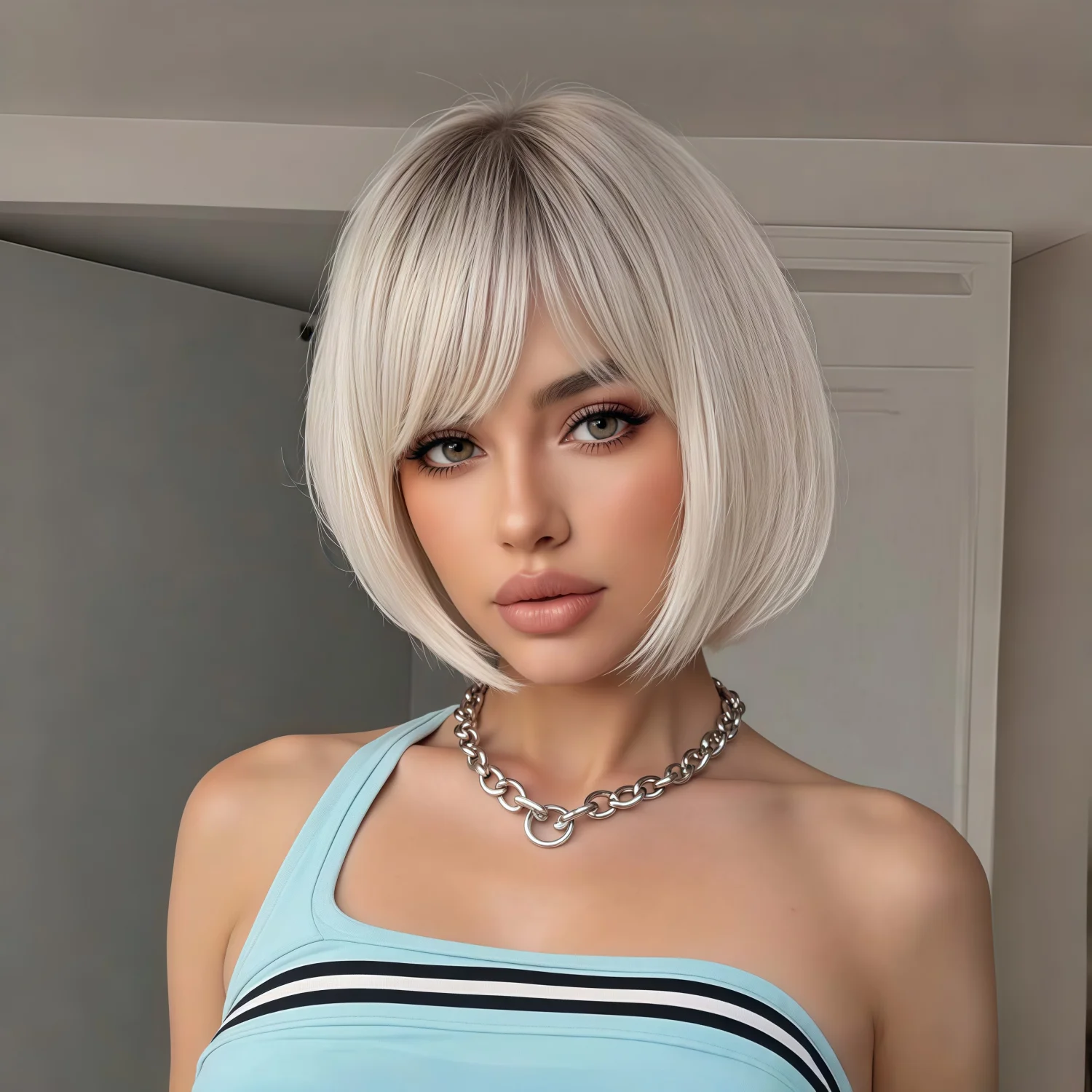 

10inch short mullet wig with bangs, synthetic straight female beige white short hair wig suitable for daily wear, birthdays