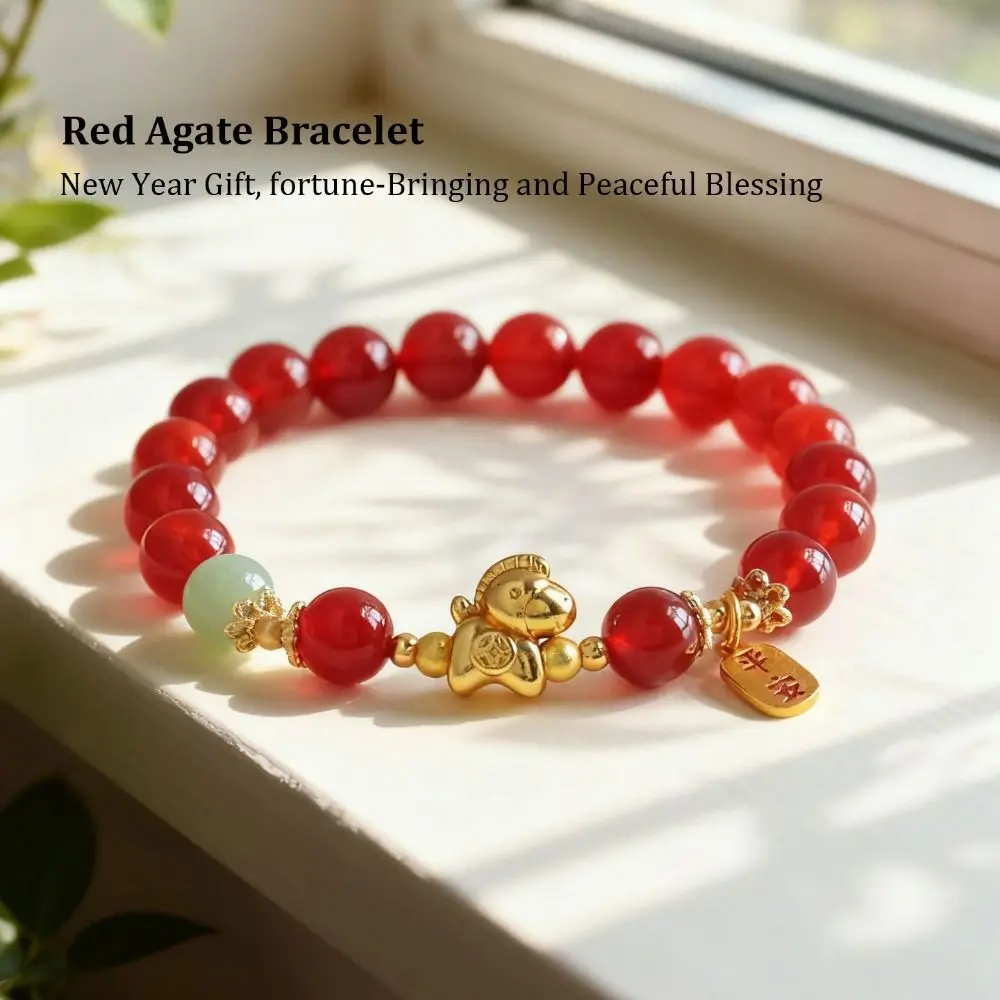 Stretchy Year Of The Horse Bracelet Good Luck Charm New Year Gift Red Agate Bracelet Handcrafted Money Drawing