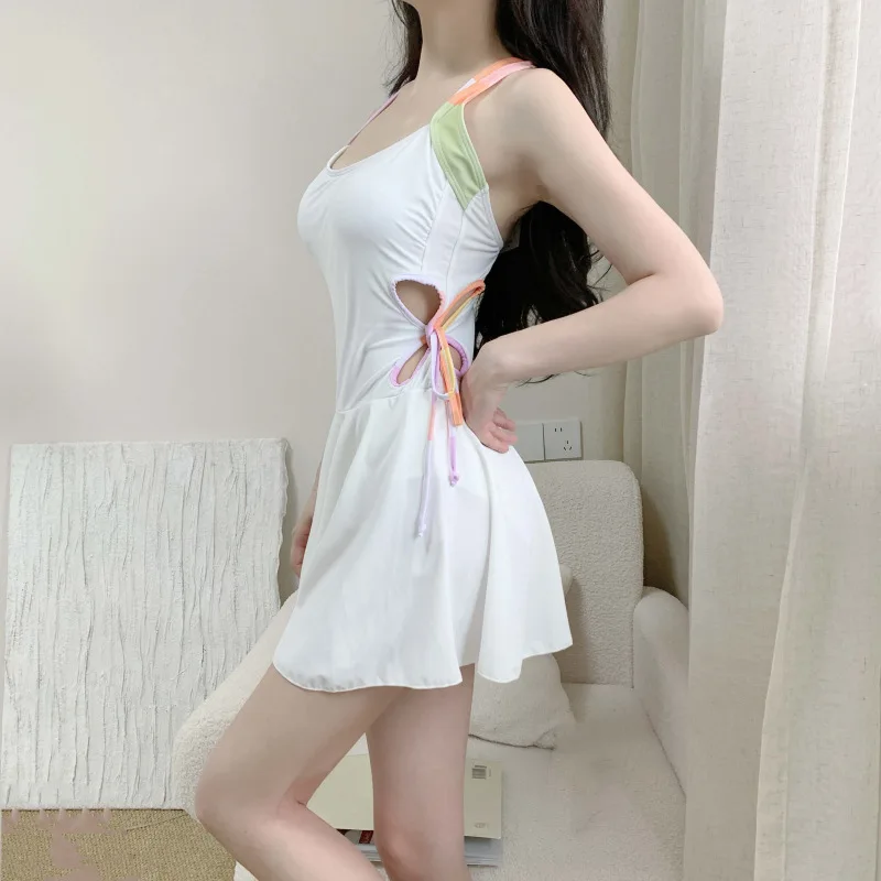 Sexy One Piece Solid Swimsuit Women Cut Out Bathing Suit Swimwear Monokini White Dress Bathing Suit Korean Padded Beach Wear