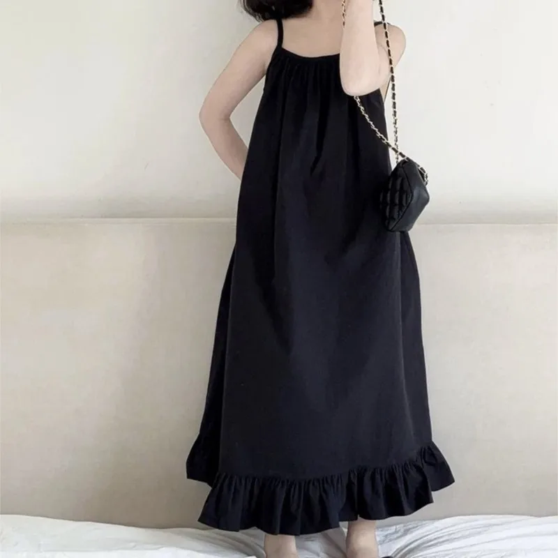 Fashion Baby Girl Cotton Strap Dress Backless Infant Toddler Child Suspender Vestido Black Solid Color Summer Baby Clothes 1-10Y