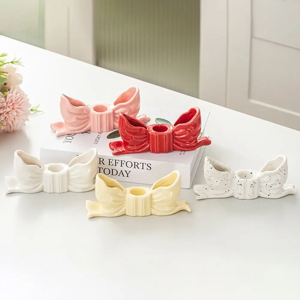 

INS Ceramic Bow Candle Holder Romantic Unique Bowknot Shape Candlestick Vintage Creative Long Candle Candlestick