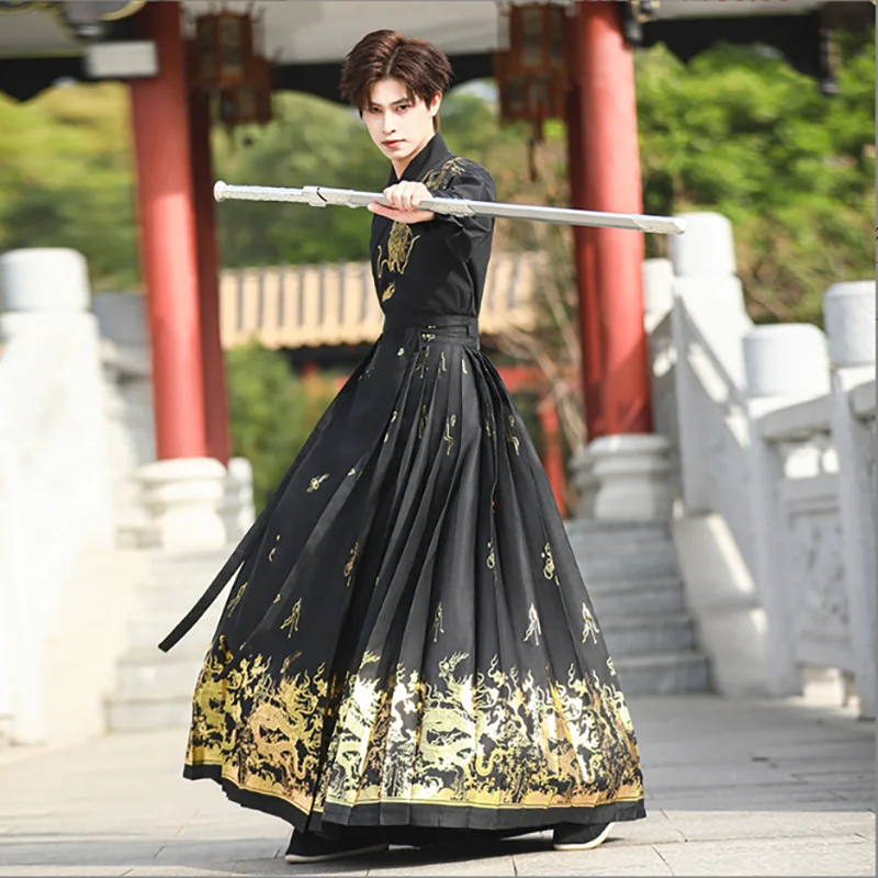 black and gold oriental dress Gold Traditional Chinese Black Dress Large Size 4XL Chinese Hanfu Horse  Face Skirt Men Party Outfit