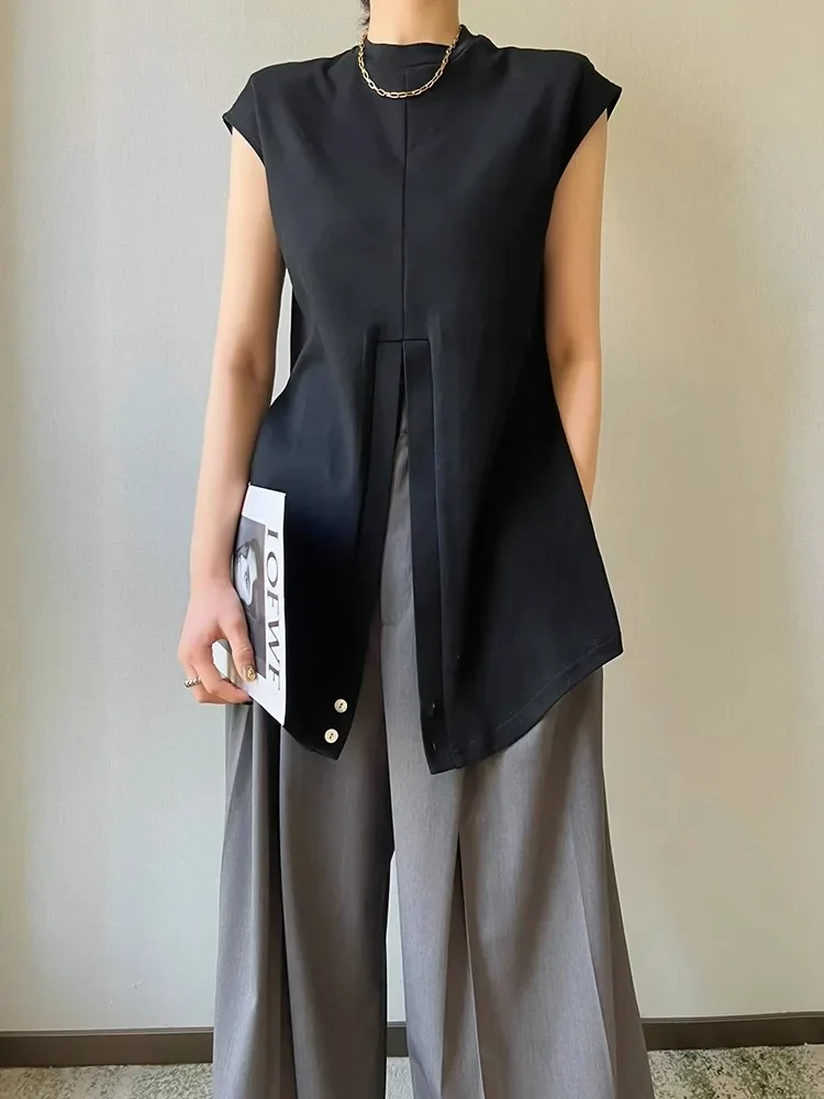 

Black Twisted Split T-Shirt Women'S Summer Fashion Design Sense Shoulder Padded Cross Irregular Short Sleeved Top