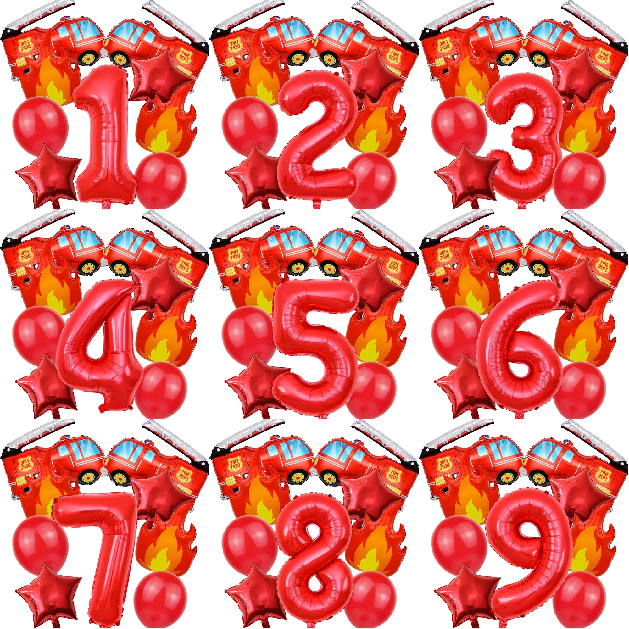 

Realistic Fire Truck Balloon Decor Set 9PCS for Birthday, New Year, Christmas, Events - Flame & Number Balloons,Festive​