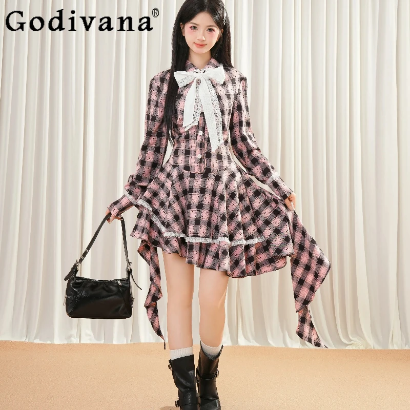 الفرنسية الحلو الدانتيل الوردي منقوشة فستان للنساء الخريف طويلة الأكمام القوس فستان الإناث النمط الياباني غير النظامية لوليتا فستان قصير