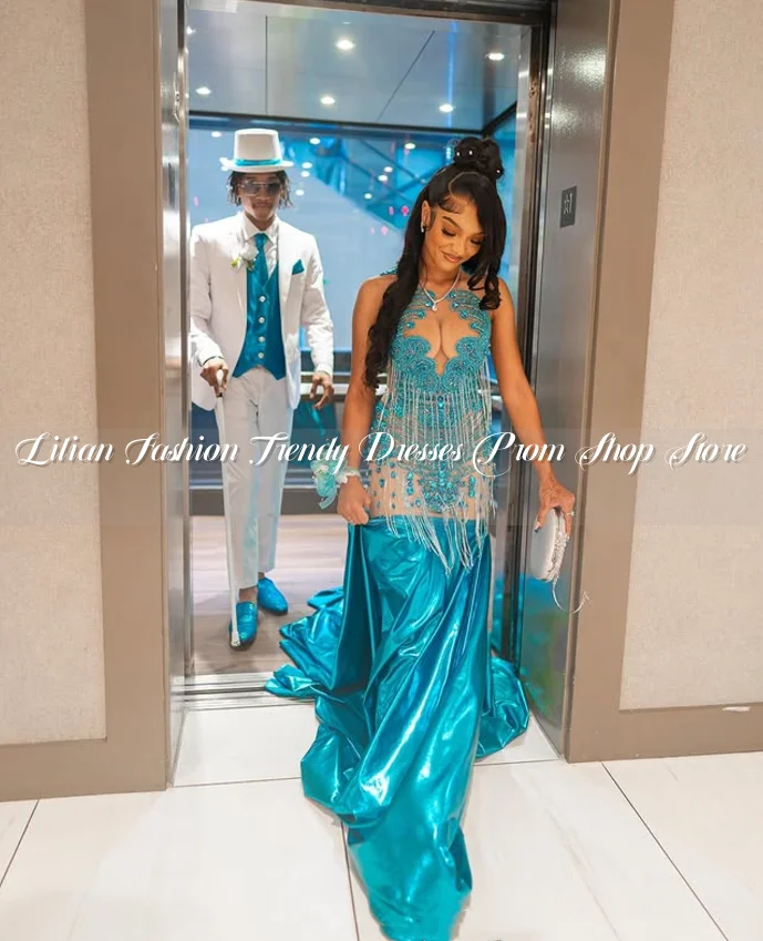 Vestido de fiesta largo de diamantes azul real de lujo 2025 exquisito apliques de borlas con cuentas de diamantes de imitación ocasión Formal personalizada