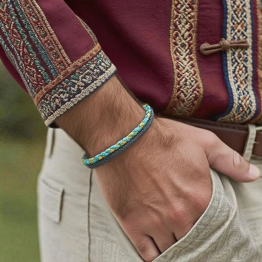 Creative Ethnic Fabric String Man Bracelet Apparel Accessories Bilayer Black Clasp Handmade Braslet Vacation Party Homme Pulsera
