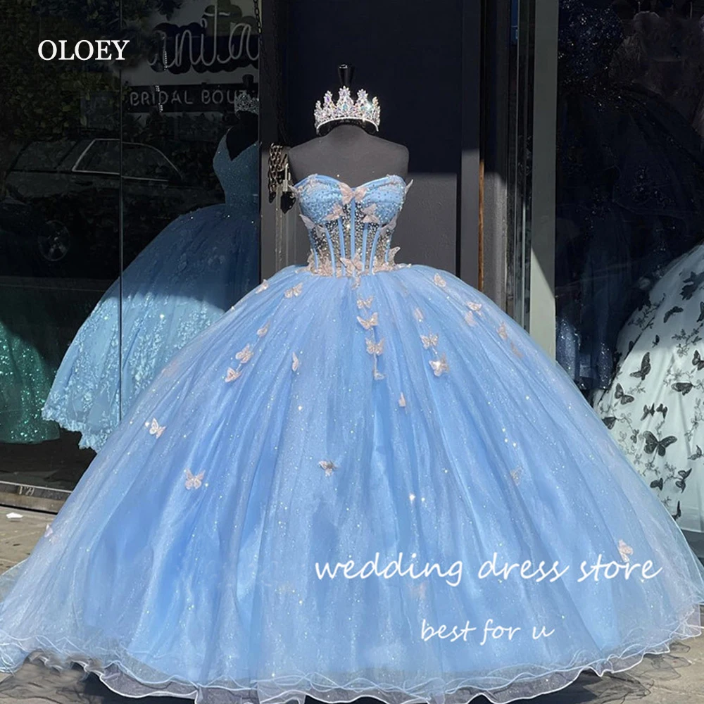 

OLOEY Fairy Sparkly Light Blue Ball Gown Prom Dresses Sweetheart Butterflies Glitter Princess Party Quinceanera Dress