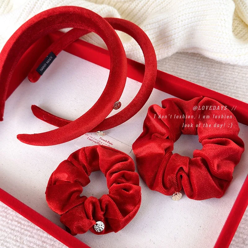 Women\'s Red Series ~ Retro Classic Red Velvet Hair Accessories Head Rope Hair Tie High Skull Top Headband Hair Ring