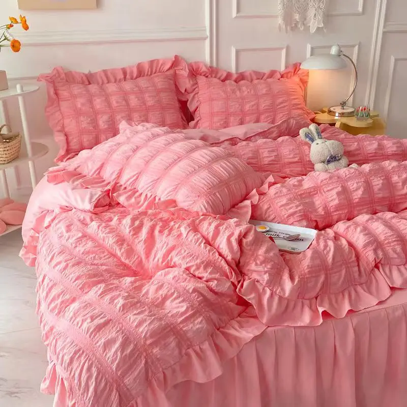 

Summer cool comforter set fresh square bubble washed cotton king bedding cover girl heart pink bedding duvet cover bed skirt