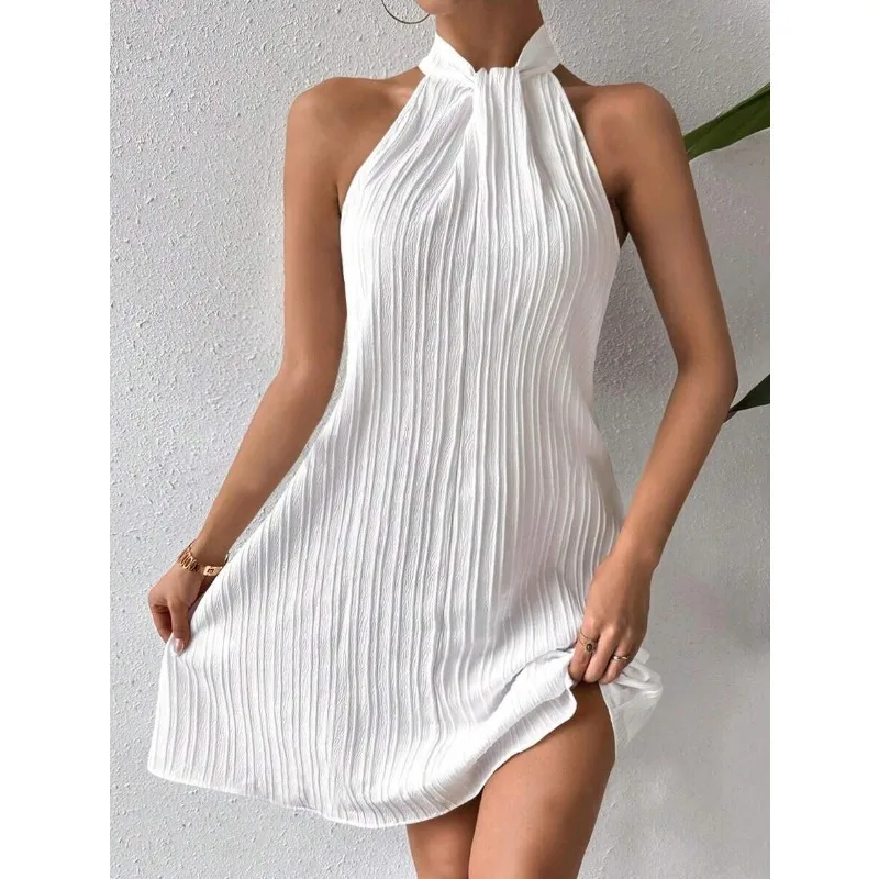 

2026 Summer European and American Women's Clothing Solid Color Button-up Waist Fashion Short Dress Dress
