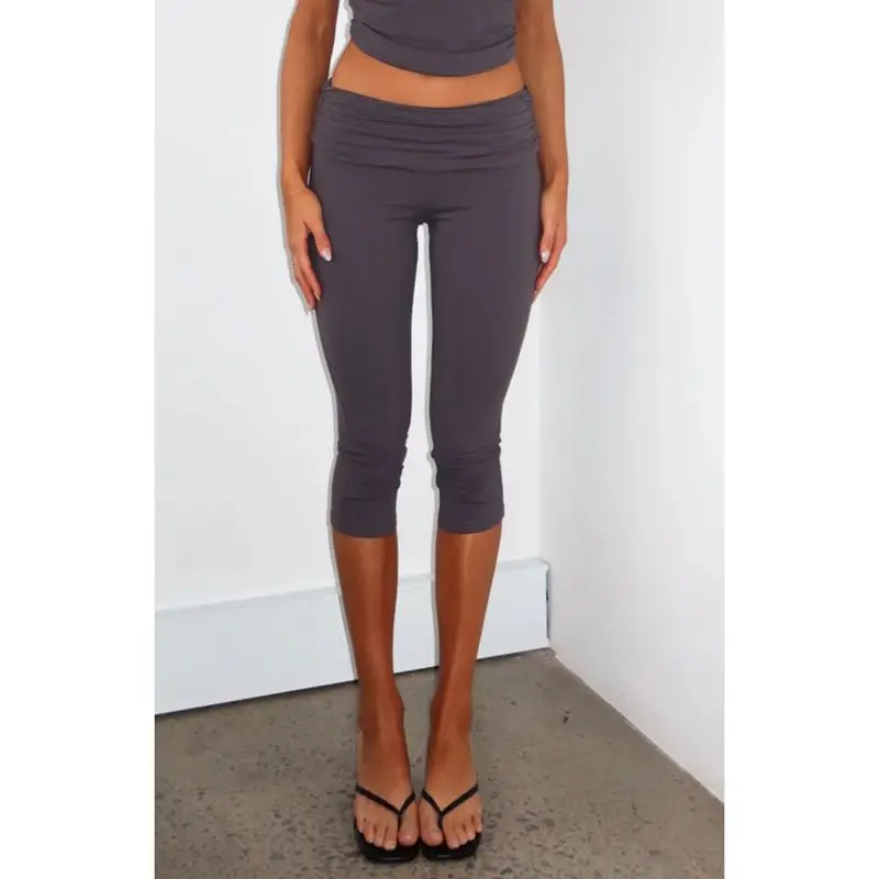 Combhasaki Women Slim Capri Pants Ruched Foldable Elastic Waist 3/4 Length Trousers Solid Color Cropped Leggings Casual Daily