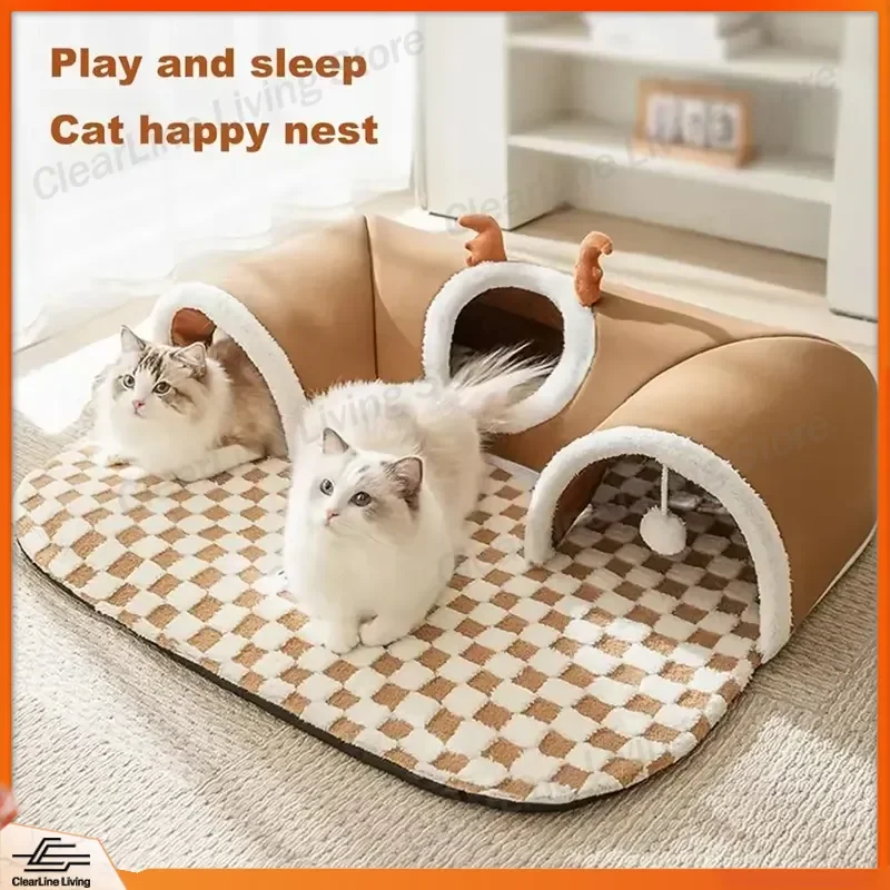 Winter Warm Plush Cat Bed Reindeer Shape Hide and Seek Tunnel Play Sleep Integrated House Pet Nest Indoor Soft Cozy Cave