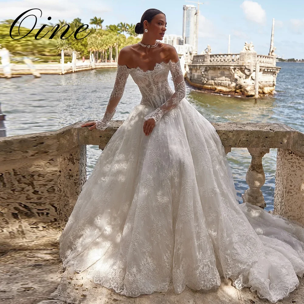 Oine Bohemian Off Shoulder A Line Lace Appliques Wedding Dress Long Sleeves Exquisite Vestidos De Novia Sweep Train Customized